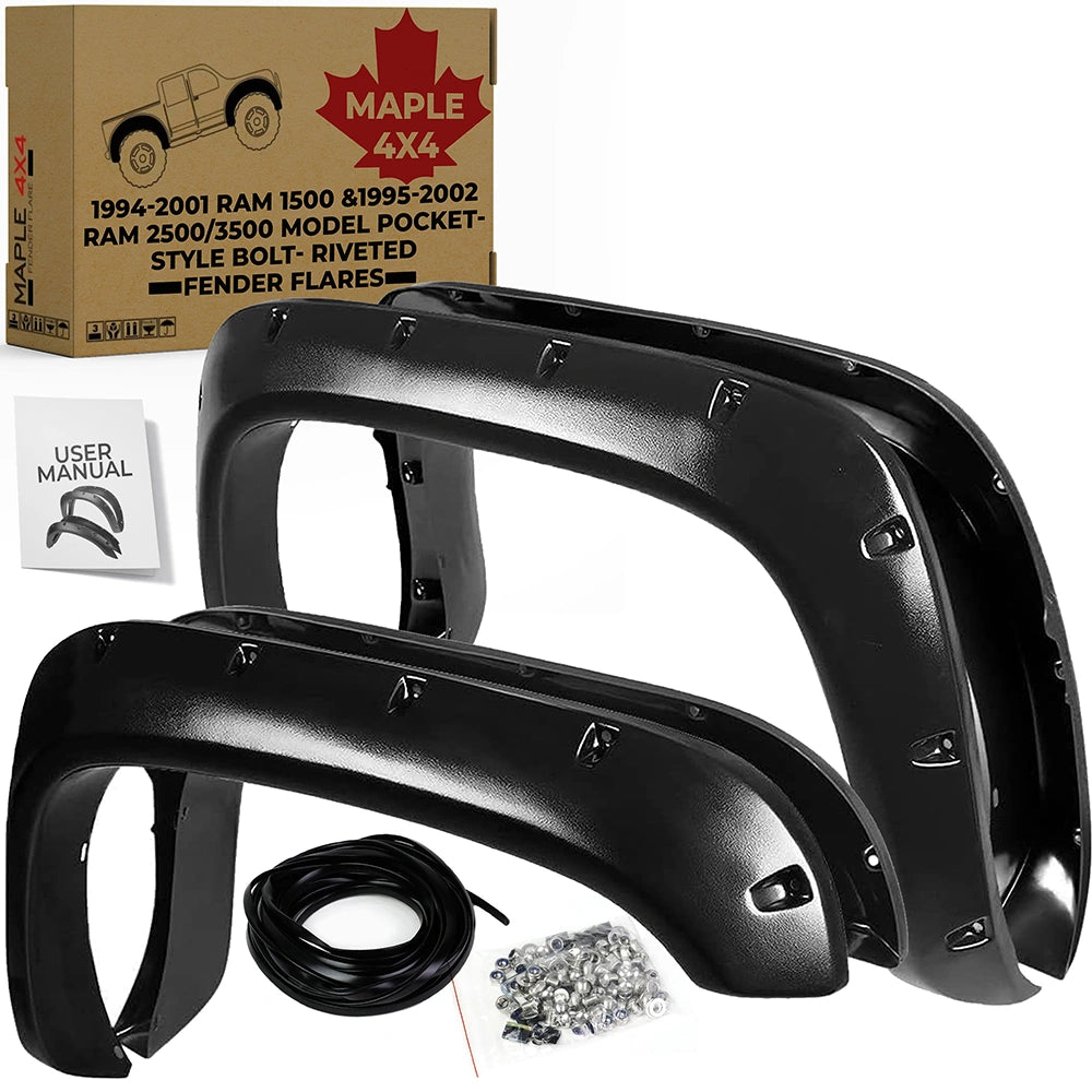 1994-2001 Dodge Ram 1500 2500 3500 Pocket Style Bolt-Riveted Fender Flares | Black Paintable