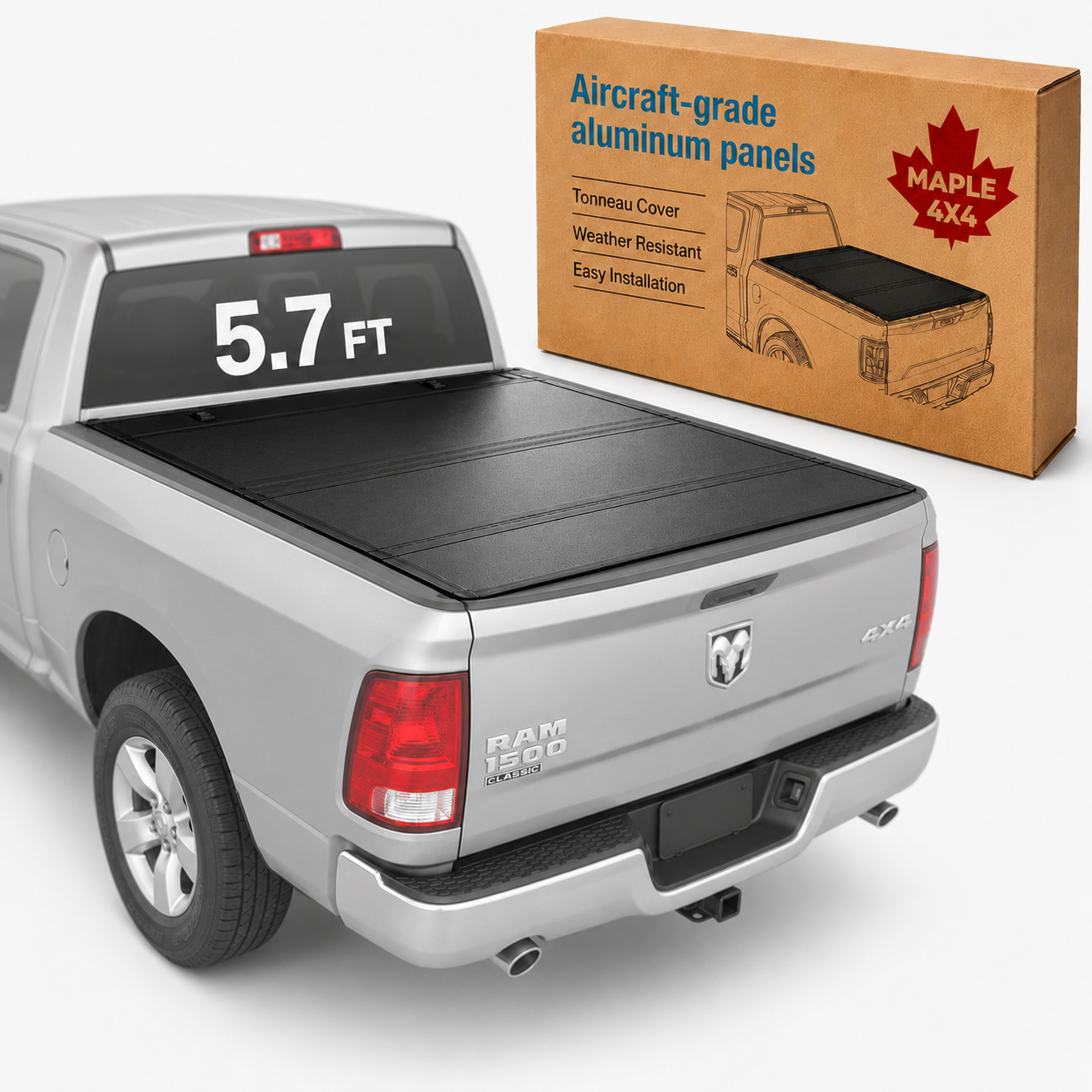 Maple4x4 Premium Hard Tri-Fold Tonneau Cover | Flush-Mount Aluminum Truck Bed Cover for Dodge Ram 1500 2009-2024 (19-24 Classic) 5.7ft Bed Without Rambox | Secure, Sleek & Weather-Resistant - LT015