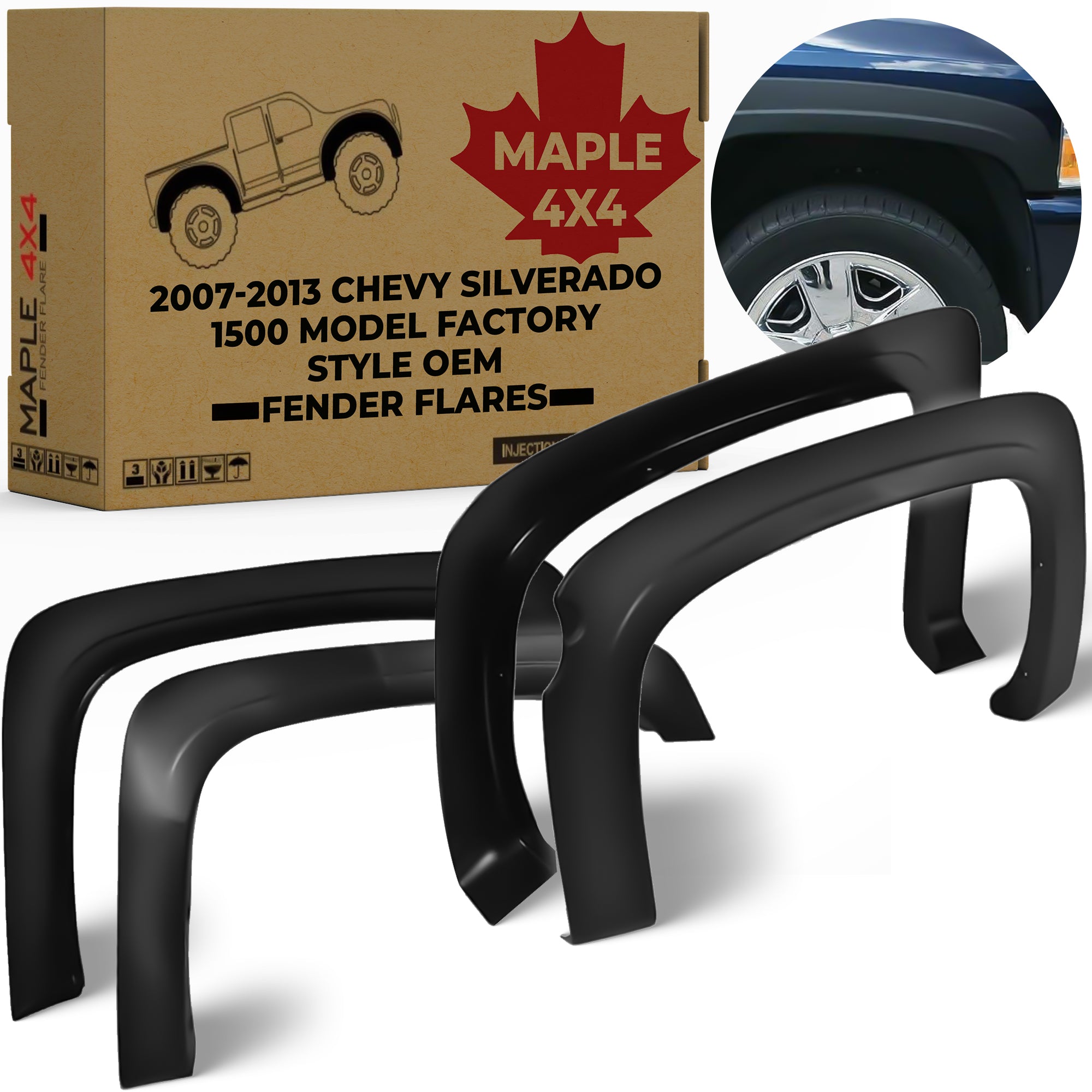 Discounted Demo Fender Flares with Minor Scratches | Maple4x4 2007-2013 Compatible with Chevy Silverado 1500 2500 3500 (5.8ft Short Box) Factory Style OEM Fender Flares Smooth Black Set of 4 (Not for GMC Sierra, 6.5ft & 8ft Box, or 2007 Classic) - OE205-1