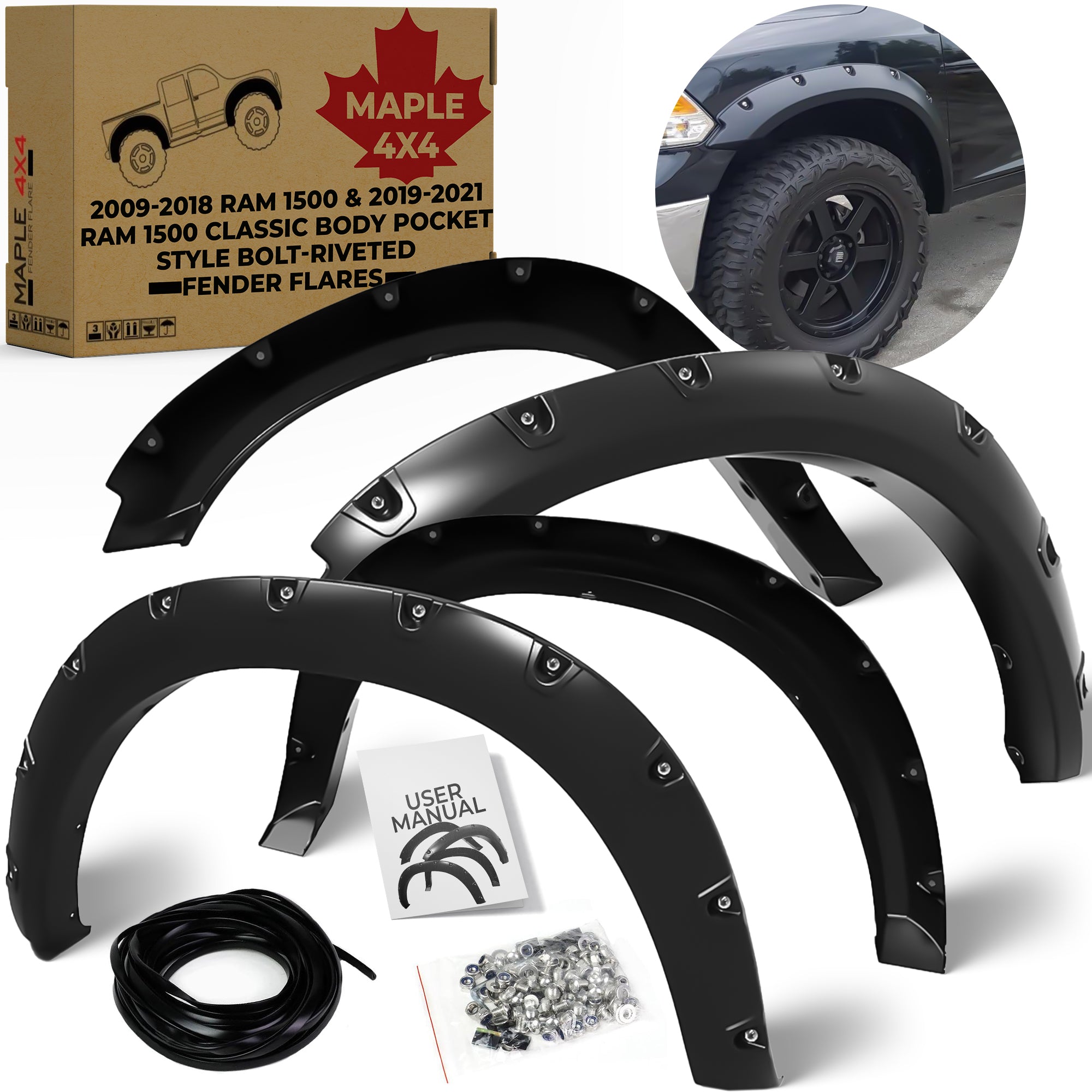 2009-2018 Dodge Ram 1500 & 2019-2023 Ram 1500 Classic Body (Excludes R&T Models) Pocket Style Riveted Fender Flares | Smooth Black Paintable, Set of 4