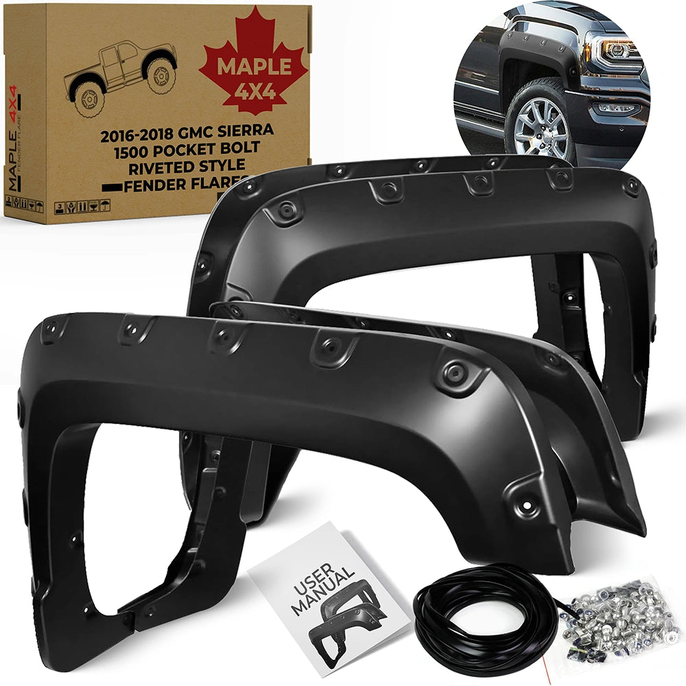 2016-2018 GMC Sierra 1500, Pocket Style Riveted Fender Flares | Smooth Black Set of 4