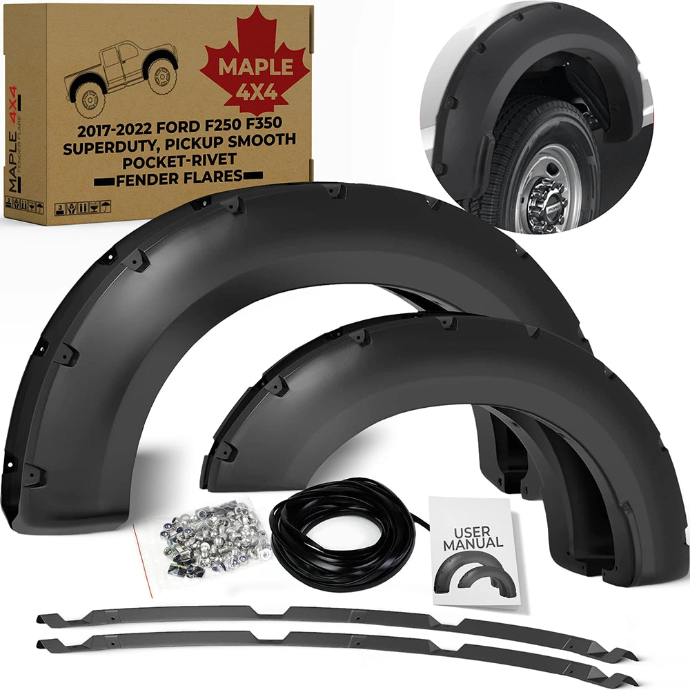 Maple4x4 2017-2022 Ford F250 F350 Superduty Pocket Style Riveted Fender Flares | Smooth Black Set of 4 - FF108