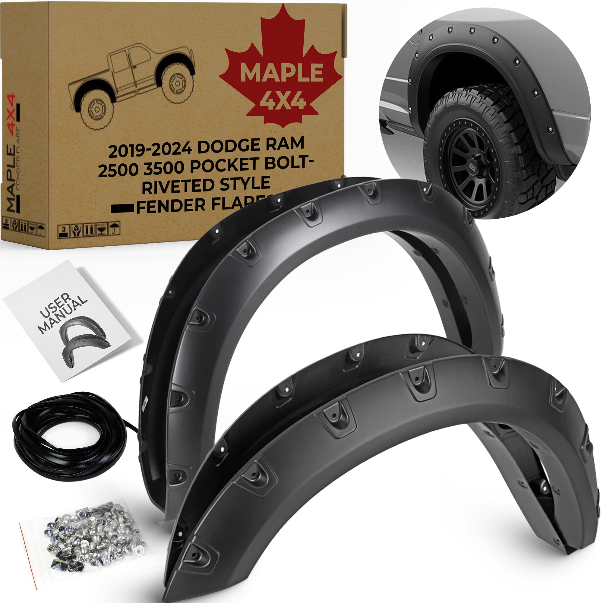 2019-2024 Dodge Ram 2500 & 3500 Pocket Bolt-Riveted Fender Flares – Smooth Black, Set of 4 (Not for Dually Models)
