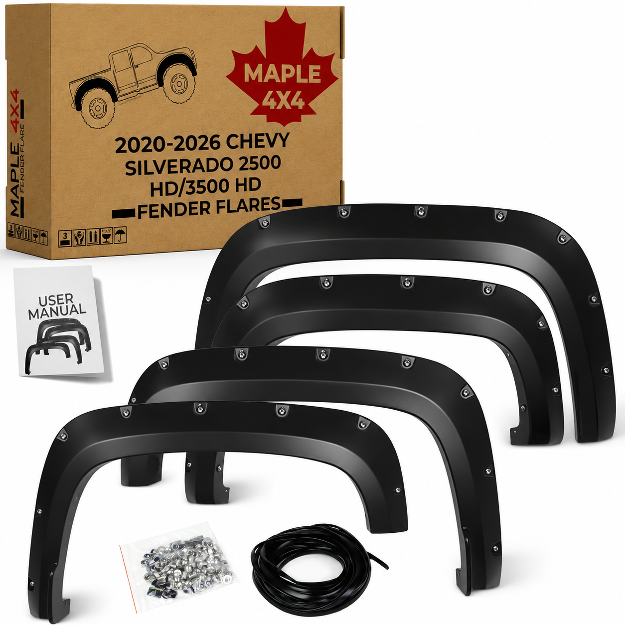 Maple4x4 2020-2026 Compatible with Chevy Silverado 2500 3500 HD Pocket Bolt-Riveted Fender Flares (NOT FOR GMC SIERRA) | Smooth Black Paintable - FF209
