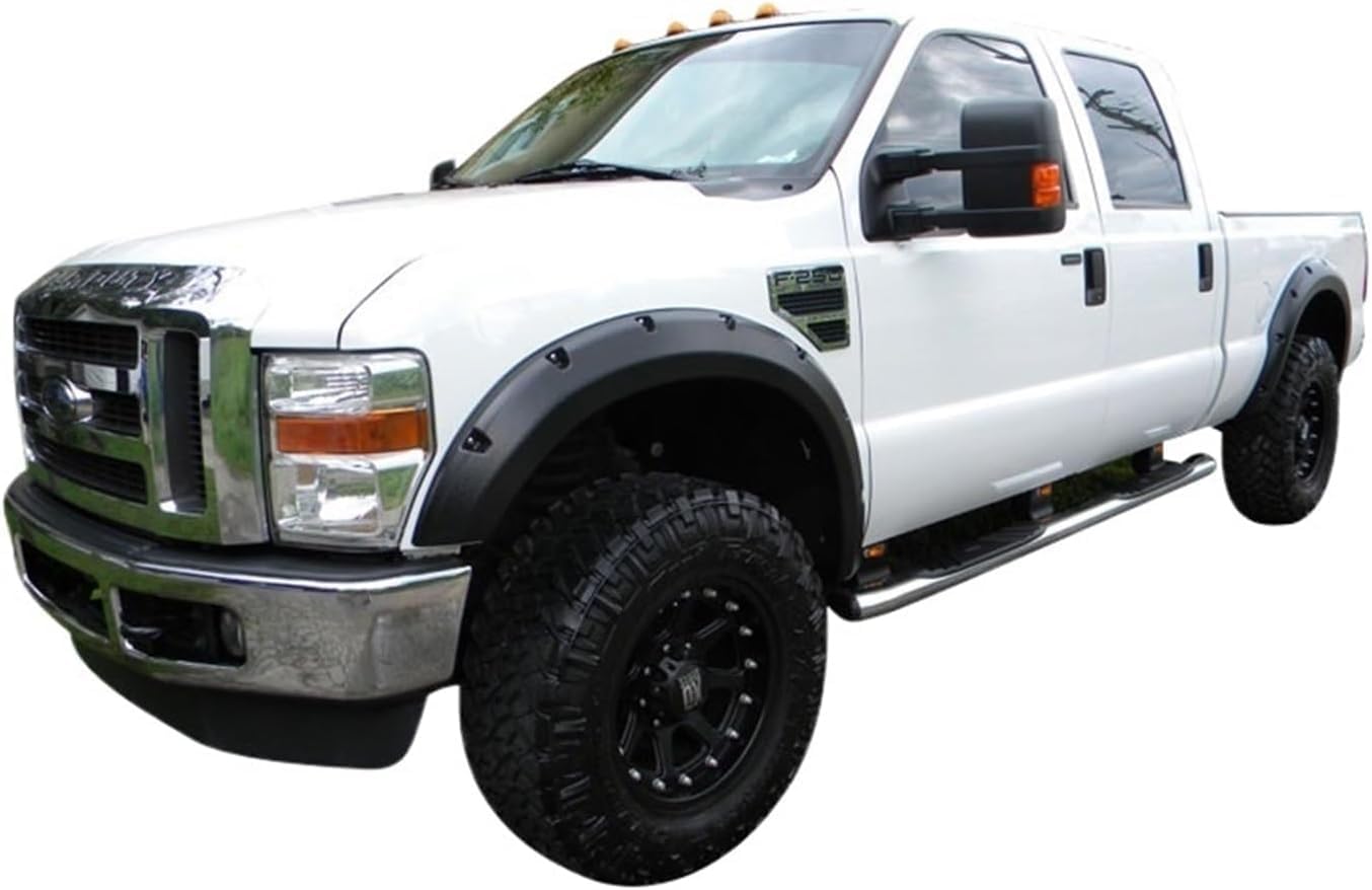 Discounted Demo Fender Flares with Minor Scratches | Maple4x4 2008-2010 Compatible with Ford F250 F350 SD Pocket Style Bolt-Riveted Fender Flares (Not Compatible with Dually Models) | Smooth Black Paintable - FF106-1