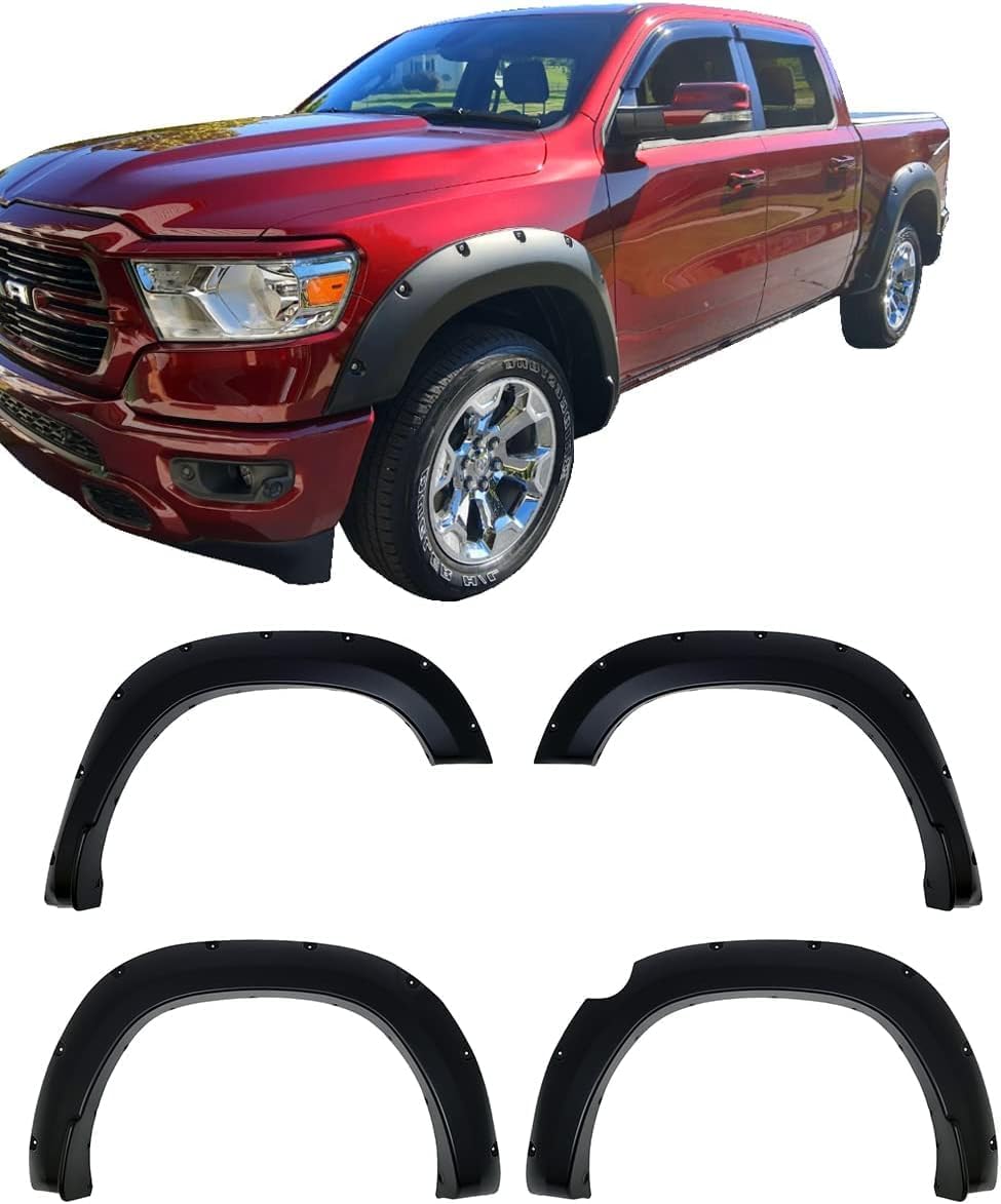 Discounted Demo Fender Flares with Minor Scratches | Maple4x4 2019-2026 Compatible with Dodge Ram 1500 New Body Pocket Bolt-Riveted Style Fender Flares | Not for Rebel, Warlock, or Classic Models | Smooth Black Paintable Set of 4 - FF305-1