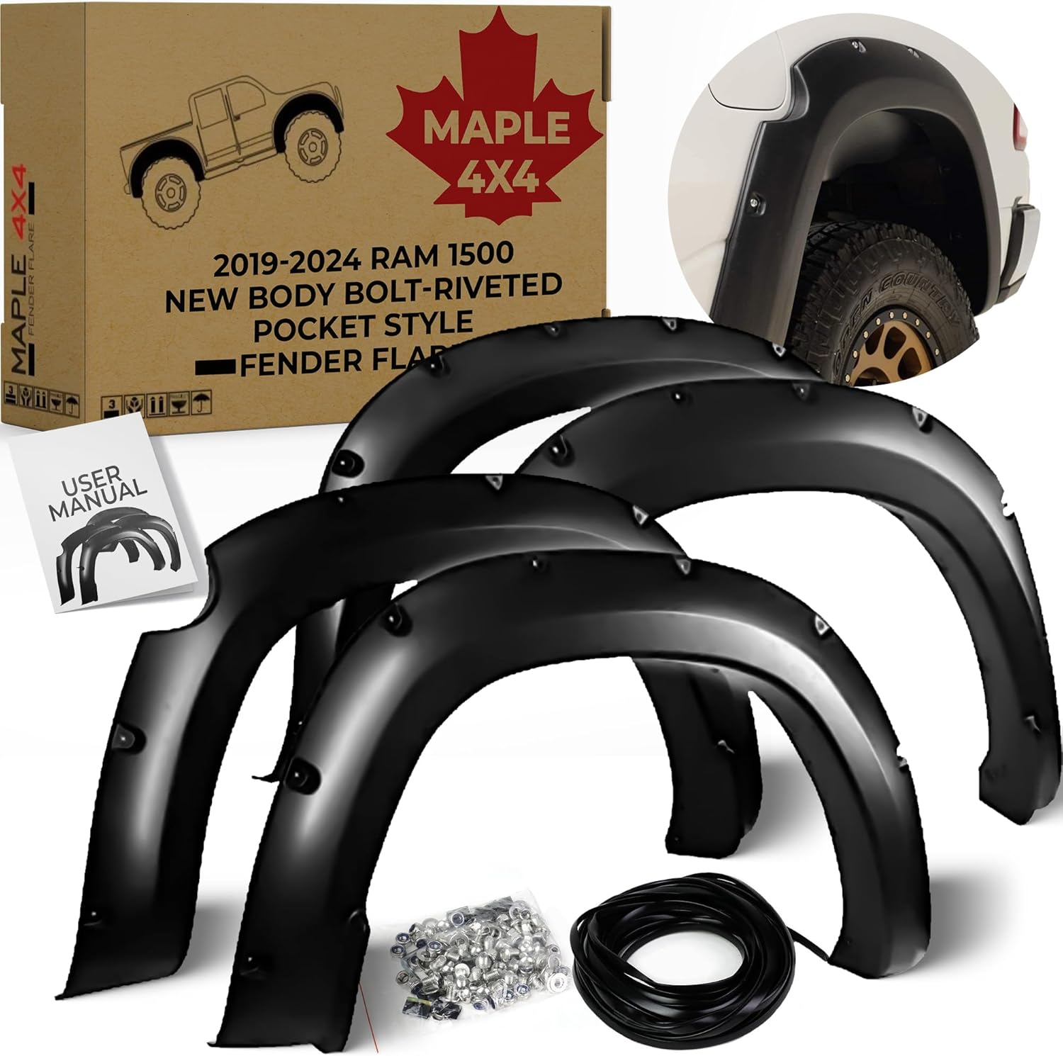 2019-2024 Dodge Ram 1500 New Body Pocket Bolt-Riveted Style Fender Flares | Not for Rebel, Warlock, or Classic Models | Smooth Black, Paintable Set of 4