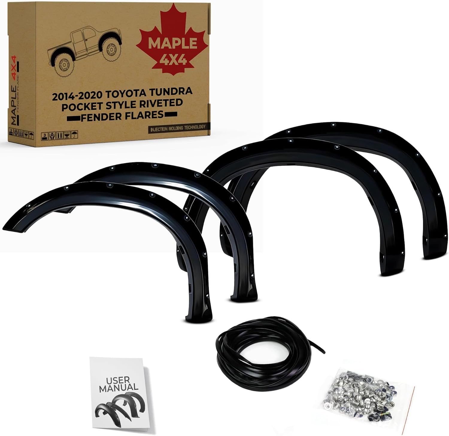 Maple4x4 2014–2020 Compatible with Toyota Tundra Pocket Style Riveted Fender Flares | Smooth Black Paintable – 4 Piece Set - FF404