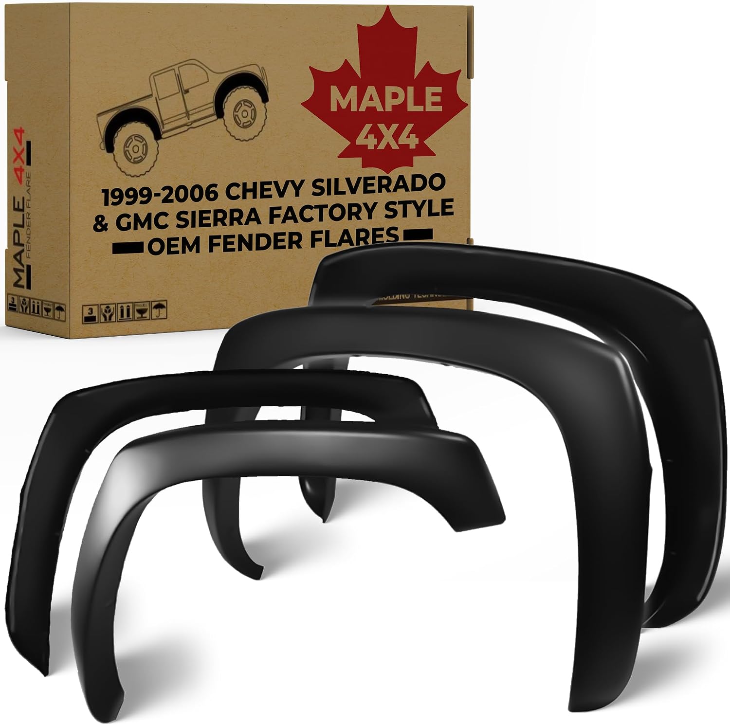 Discounted Demo Fender Flares with Minor Scratches | Maple4x4 1999-2006 Chevy Silverado & GMC Sierra Factory Style OEM Fender Flares | Black Paintable Set of 4 (Excludes Dually Models & SLE) - OE201-1