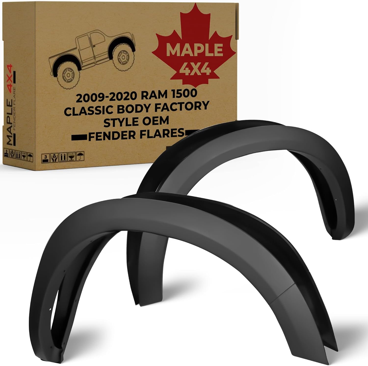 Discounted Demo Fender Flares with Minor Scratches | Maple4x4 2009-2018 Ram 1500 & 2019-2024 Ram 1500 Classic Model Fender Flares – Factory Style OEM, Set of 4 (Excludes R&T Models, Fits Metal Bumper Only, Does NOT Fit New Body Style) - OE303-1