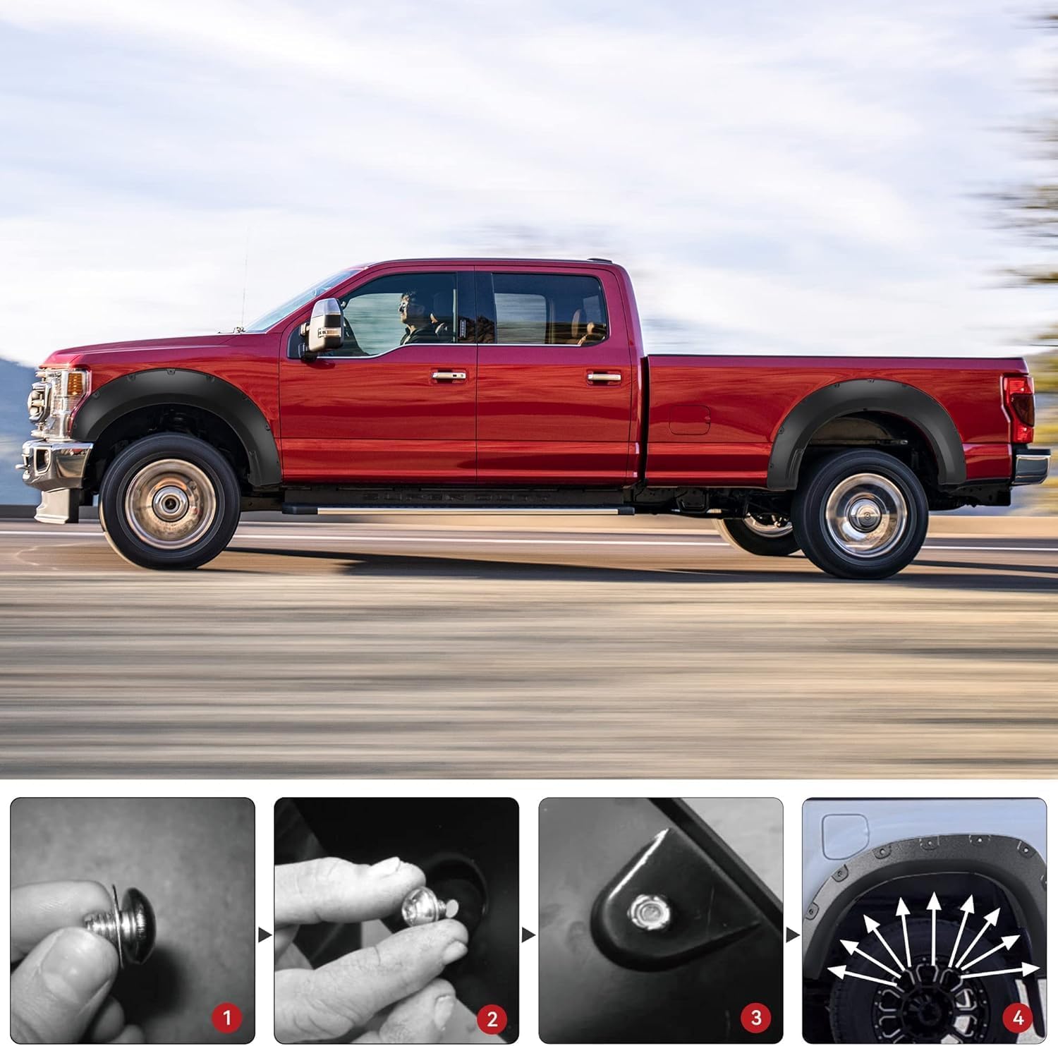Maple4x4 2017-2022 Ford F250 F350 Superduty Pocket Style Riveted Fender Flares | Smooth Black Set of 4 - FF108