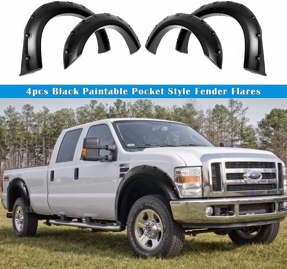 Discounted Demo Fender Flares with Minor Scratches | Maple4x4 2011-2016 Compatible with Ford F-250 F-350 Super Duty Pocket Style Riveted Fender Flares | Smooth Black Paintable Set of 4 (Not for Dually) -FF103-1