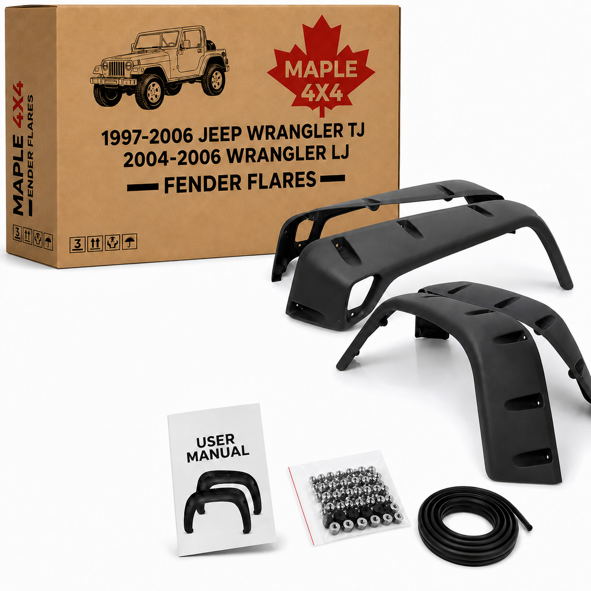 Maple4x4 1997-2006 Jeep Wrangler TJ 6 inch Pocket Riveted Fender Flares textured black finish 6 piece set
