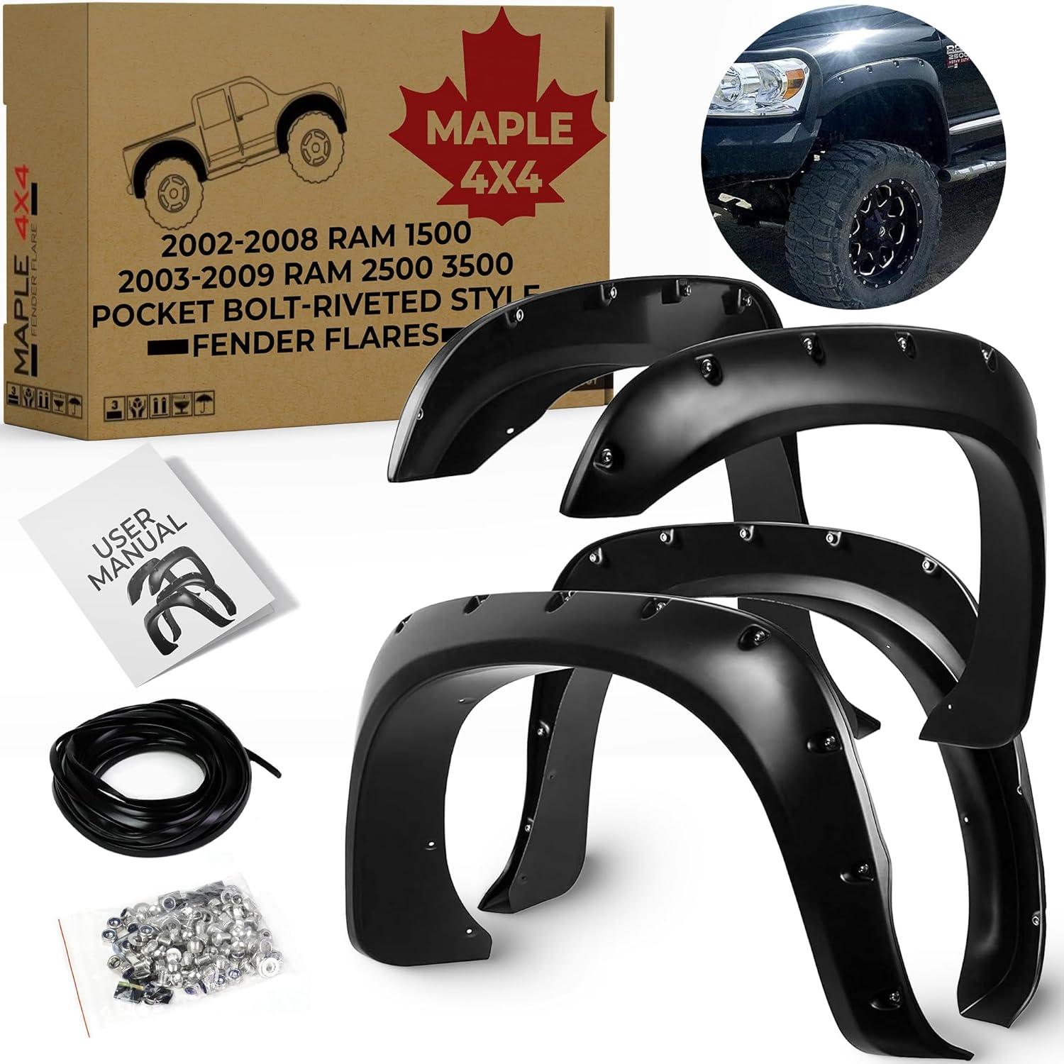 Discounted Demo Fender Flares with Minor Scratches | Maple4x4 2002-2008 Compatible with Dodge Ram 1500 2003-2009 Ram 2500 3500 Pocket Bolt-Riveted Style Fender Flares | Smooth Black Paintable - FF302-1