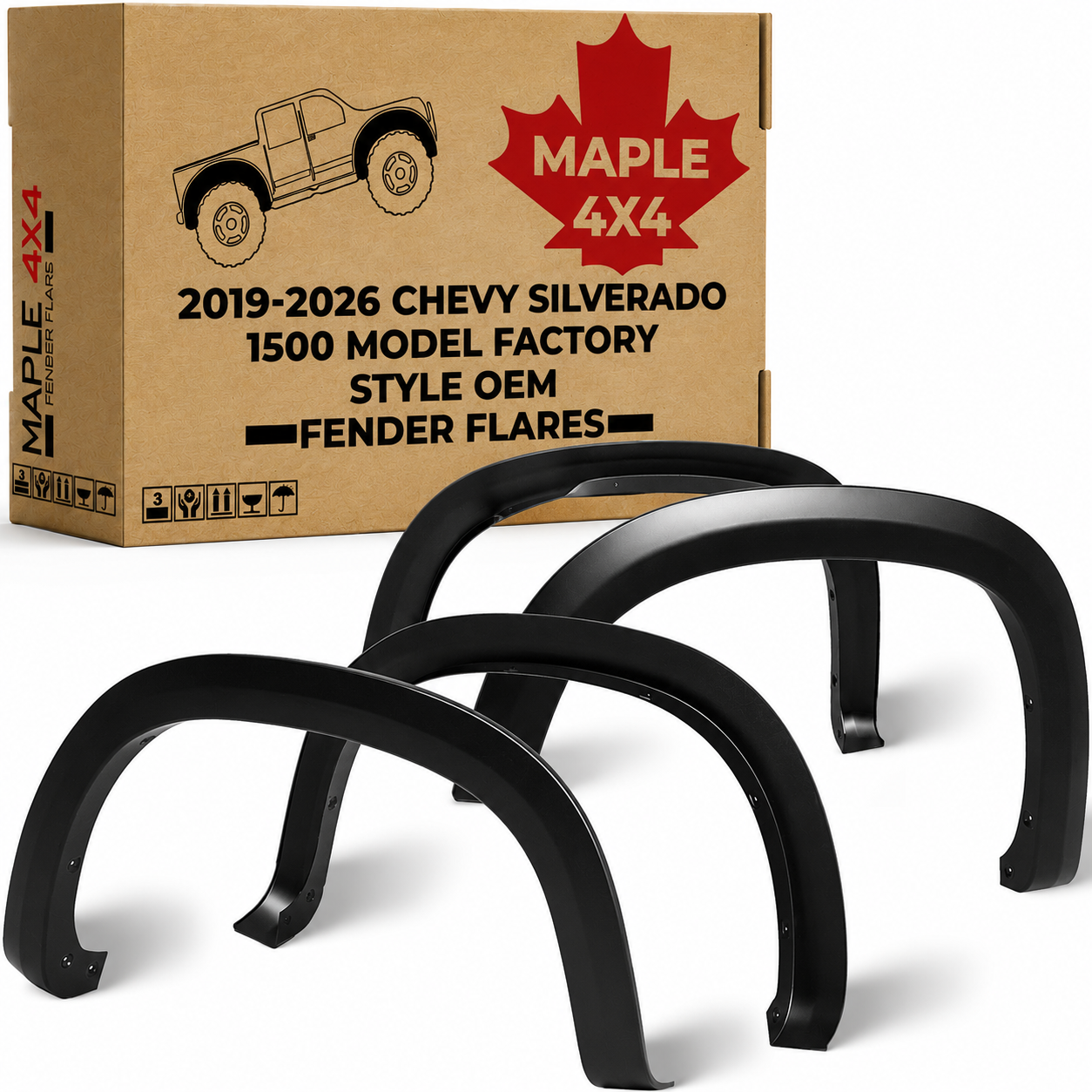 Maple4x4 2019-2024 Compatible with Silverado 1500 OEM Style Fender Flares | Fits 2019-2026 Chevy Silverado 1500 (NOT for GMC Sierra) Factory Style OEM Fender Flares Smooth Black Paintable - OE208