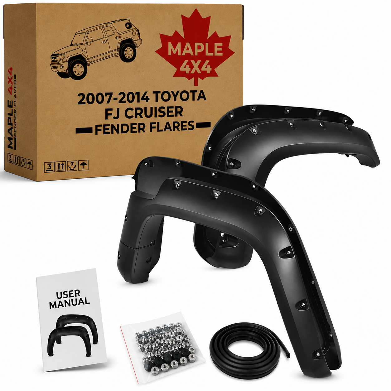 Maple4x4 2007-2014 Compatible with Toyota FJ Cruiser Pocket Riveted Fender Flares | Smooth Black Paintable Set of 4 - FF405