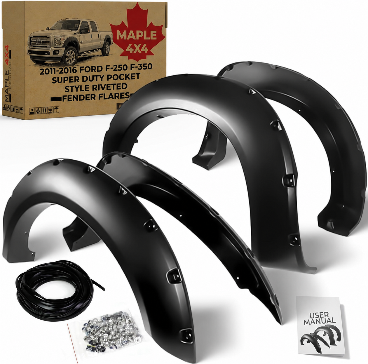 Discounted Demo Fender Flares with Minor Scratches | Maple4x4 2011-2016 Compatible with Ford F-250 F-350 Super Duty Pocket Style Riveted Fender Flares | Smooth Black Paintable Set of 4 (Not for Dually) -FF103-1