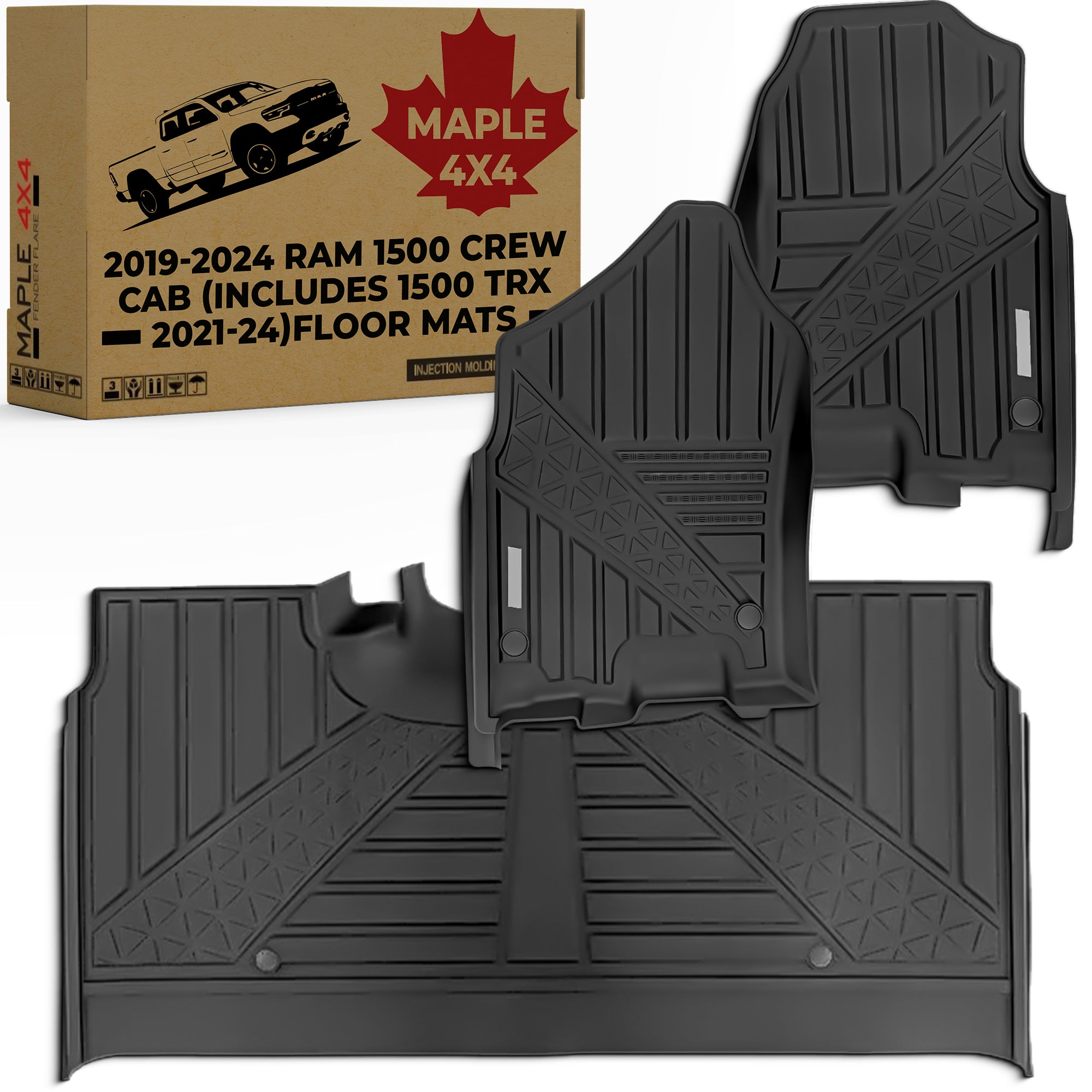 Floor Mats Fit 2019-2024 Ram 1500 Crew Cab (Includes 1500 TRX 2021-24), Custom Fit TPE All Weather | Non-Slip Textured Surface | Front and Rear Row - 3pcs Black