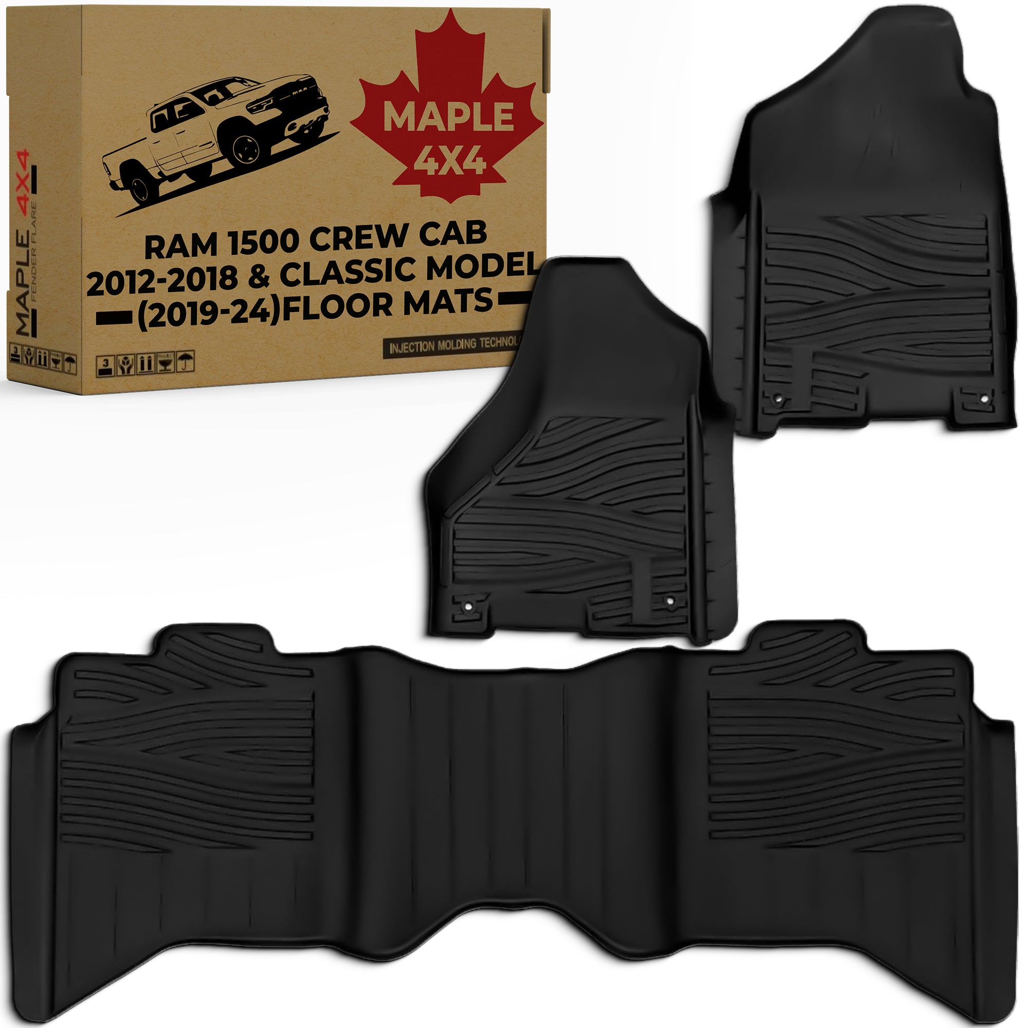 Floor Mats Fit Ram 1500 Crew Cab 2012-2018 & Classic Model (2019-24) | Custom Fit TPE All Weather | Non-Slip Textured Surface | Front and Rear Row - 3pcs Black