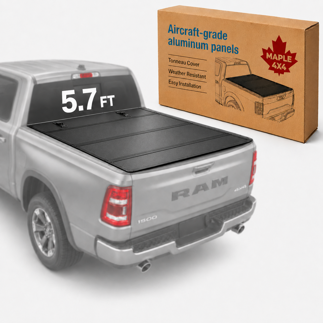 Maple4x4 Premium Hard Tri-Fold Tonneau Cover | Flush-Mount Aluminum Truck Bed Cover for Dodge Ram 1500 2009-2024 (19-24 Classic) 5.7ft Bed Without Rambox | Secure, Sleek & Weather-Resistant - LT015