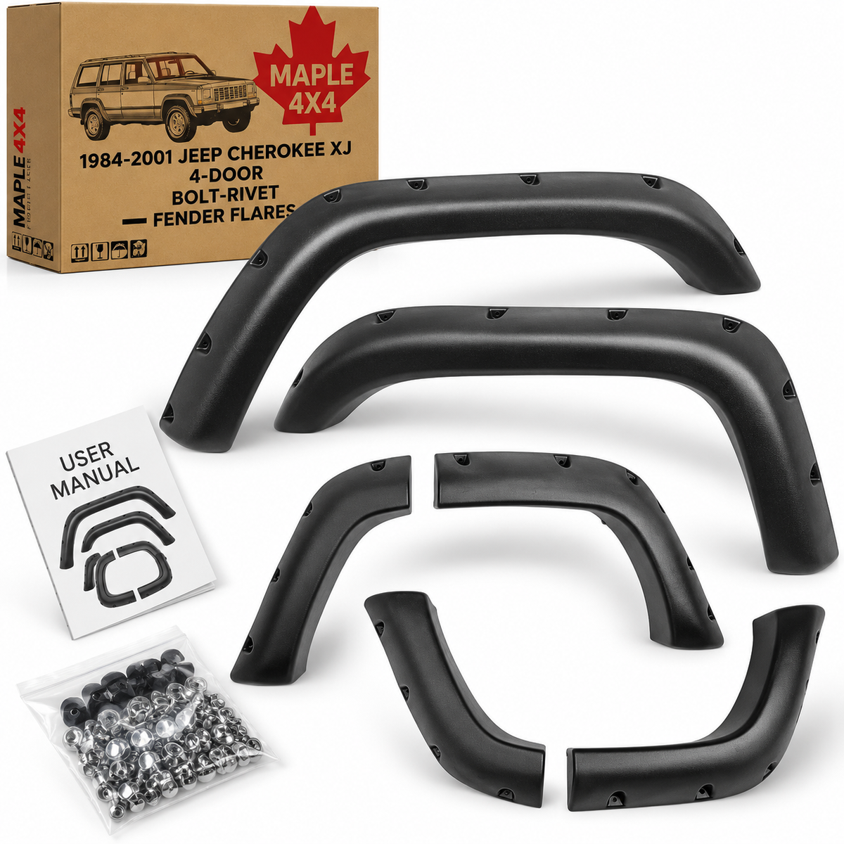 Maple4x4 1984-2001 Jeep Cherokee XJ 4-Door Pocket Riveted Fender Flares (Not for Models with Side Skirt) | Black Textured 6Pcs - FF801