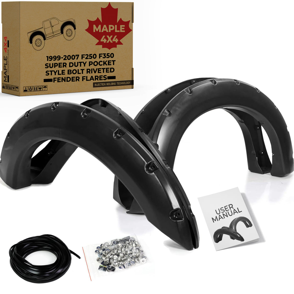 Maple4x4 1999-2007 Ford F-250 F-350 Pocket Style Riveted Fender Flares | Black Paintable - FF104