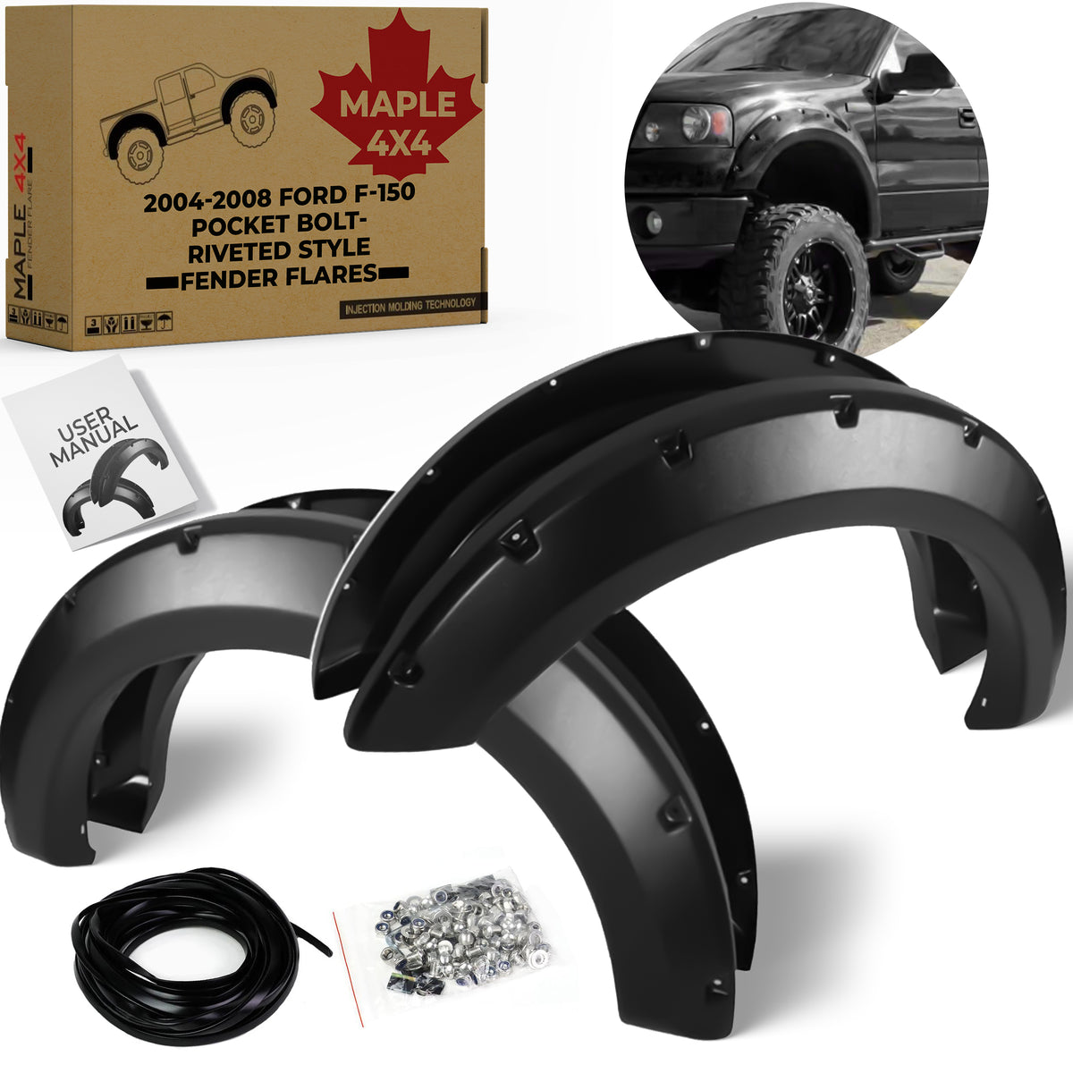 Maple4x4 2004-2008 Ford F-150 Pocket Bolt-Riveted Style Fender Flares | Smooth Black Paintable, Set of 4 | Durable, Easy Installation, Enhanced Protection (Not for Flareside) - FF101