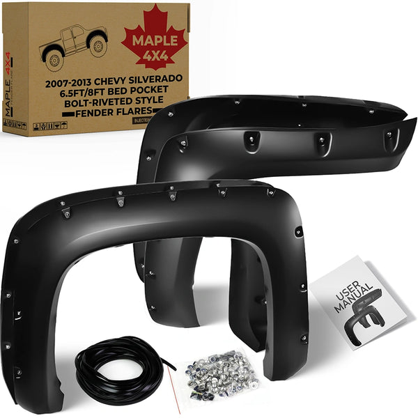 2007-2013 Chevy Silverado 1500 2500 3500 Chevy Silverado (6.5ft/8ft Box) Pocket Bolt-Riveted Style Fender Flares |Smooth Matte Black Paintable
