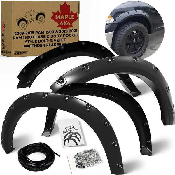 2009-2021 Dodge Ram 1500 Classic Body Pocket Style Riveted Fender Flares | Black Paintable