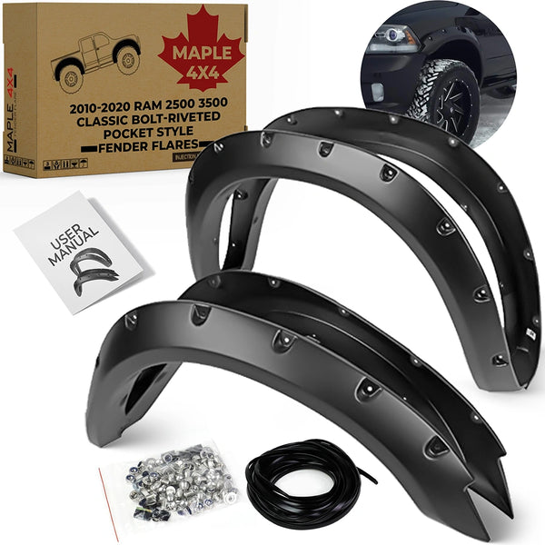 2010-2019 Dodge Ram 2500 3500 Classic Body Pocket Style Riveted Fender Flares | Black Paintable