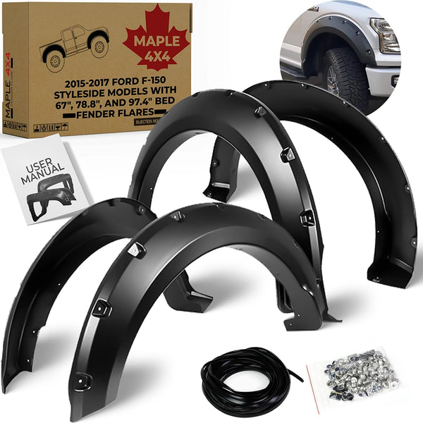 Maple4x4 2015-2017 F150 Pocket Style Bolt-Riveted Fender Flares | Smooth Black Paintable,4pcs