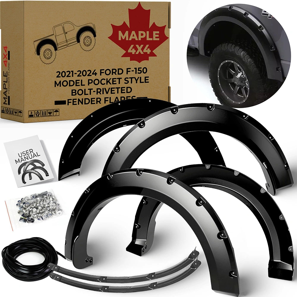 Maple4x4 2021-2026 Ford F150 (Excludes Lightning)  Pocket Style Riveted Fender Flares, 4-Piece Set, Black - FF111