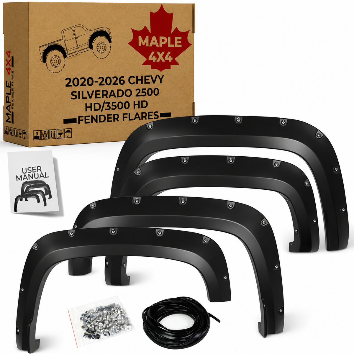 Maple4x4 2020-2026 Compatible with Chevy Silverado 2500 3500 HD Pocket Bolt-Riveted Fender Flares (NOT FOR GMC SIERRA) | Smooth Black Paintable - FF209