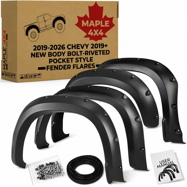 Maple4x4 2019-2026 Chevy Silverado 1500 Pocket Bolt Riveted Fender Flares | Not for 2500/3500, GMC, or 2019 LD |  Smooth Black, Set of 4 - FF208