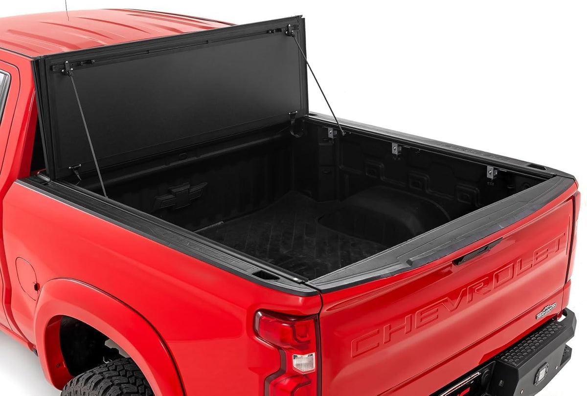 Maple4x4 2019-2026 Chevy Silverado GMC Sierra 1500 5.8ft Box Hard tri-fold flip up Truck Bed Tonneau Cover | Flush Aluminum Panels - LT011