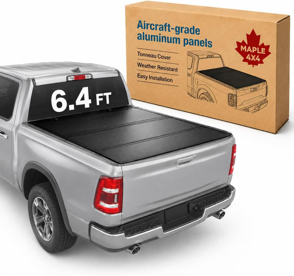Maple4x4 2019-2026 Compatible with Ram 1500 6.4ft Hard Flush Tonneau Cover | Fits 2019-2026 Dodge Ram 1500 New Body 6.4ft Bed without RamBox (NOT for Classic) flush-mount aluminum Tri-fold Cover - LT018