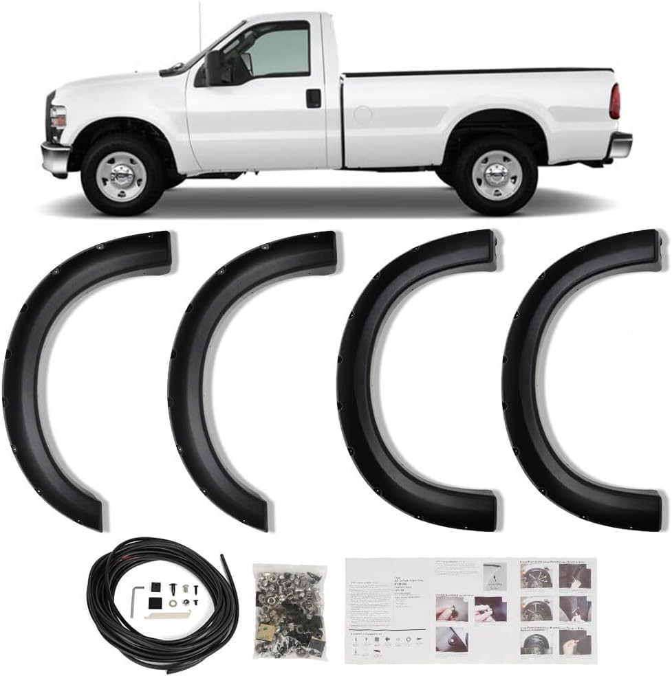 2008-2010 Ford F-250 F-350 Super Duty Pocket Riveted Style Fender Flares Smooth Black Finish Set of 4