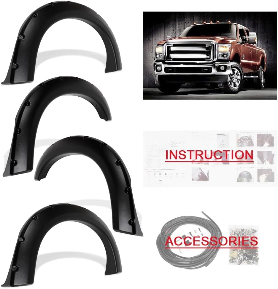 2008-2010 Ford F-250 F-350 Super Duty Pocket Riveted Style Fender Flares Smooth Black Finish Set of 4