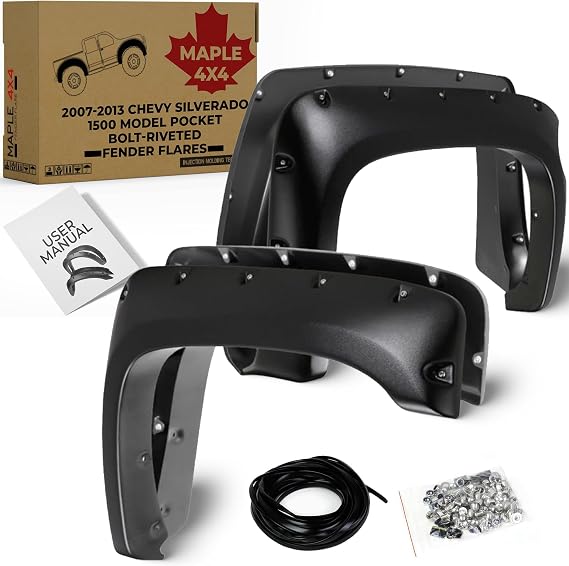 Discounted Demo Fender Flares with Minor Scratches | 2007-2013 Chevy Silverado 1500 2500 3500 5.8ft Short Box | Pocket Bolt Riveted Style | Smooth Black Paintable Set of 4 – FF205-1