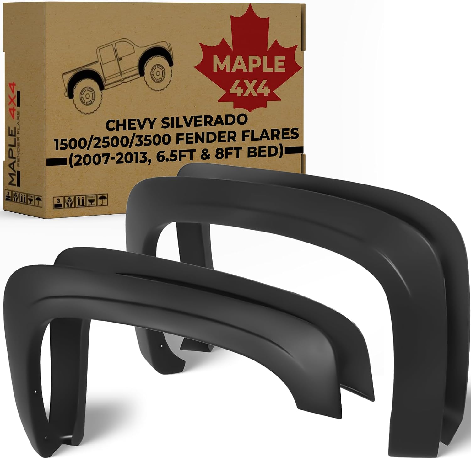 Discounted Demo Fender Flares with Minor Scratches | Maple4x4 2007-2013 Chevy Silverado 1500/2500/3500 6.5ft & 8ft Bed Factory style OEM Fender Flares black set of 4 (Not for GMC Sierra, 5.8ft Bed, or 2007 Classic) - OE203-1