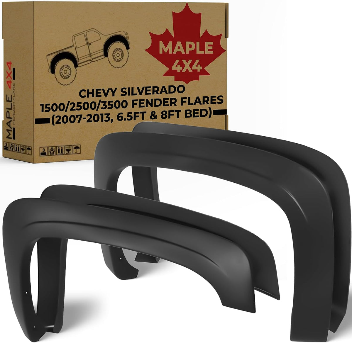 Discounted Demo Fender Flares with Minor Scratches | Maple4x4 2007-2013 Chevy Silverado 1500/2500/3500 6.5ft & 8ft Bed Factory style OEM Fender Flares black set of 4 (Not for GMC Sierra, 5.8ft Bed, or 2007 Classic) - OE203-1