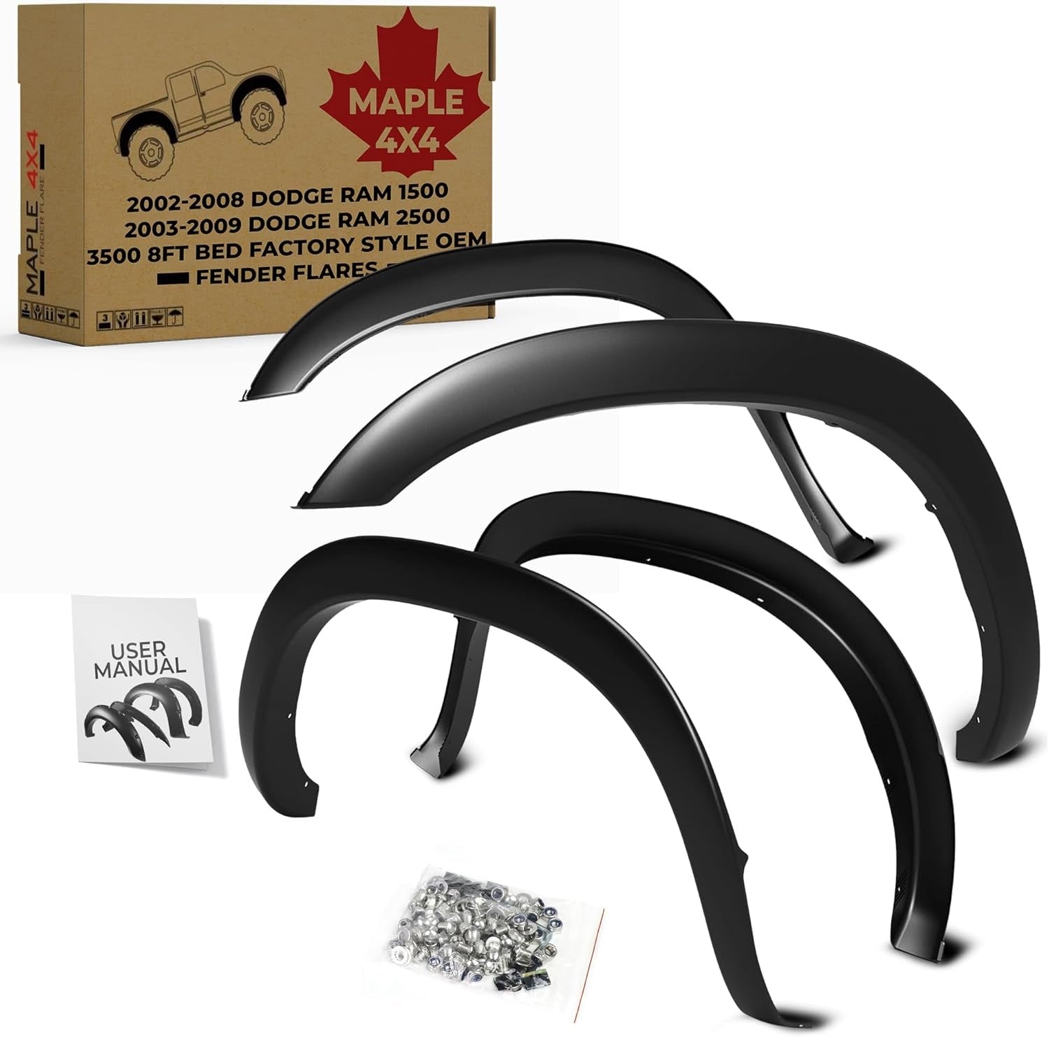 Maple4x4 Compatible with 2002-2008 Dodge Ram 1500 2003-2009 Dodge Ram 2500 3500 8ft Bed (NOT for 6.5ft bed or dually models) OEM Factory Style Fender Flares | Smooth black paintable Set of 4 - OE302