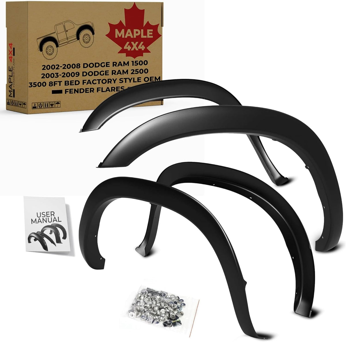 Maple4x4 Compatible with 2002-2008 Dodge Ram 1500 2003-2009 Dodge Ram 2500 3500 8ft Bed (NOT for 6.5ft bed or dually models) OEM Factory Style Fender Flares | Smooth black paintable Set of 4 - OE302