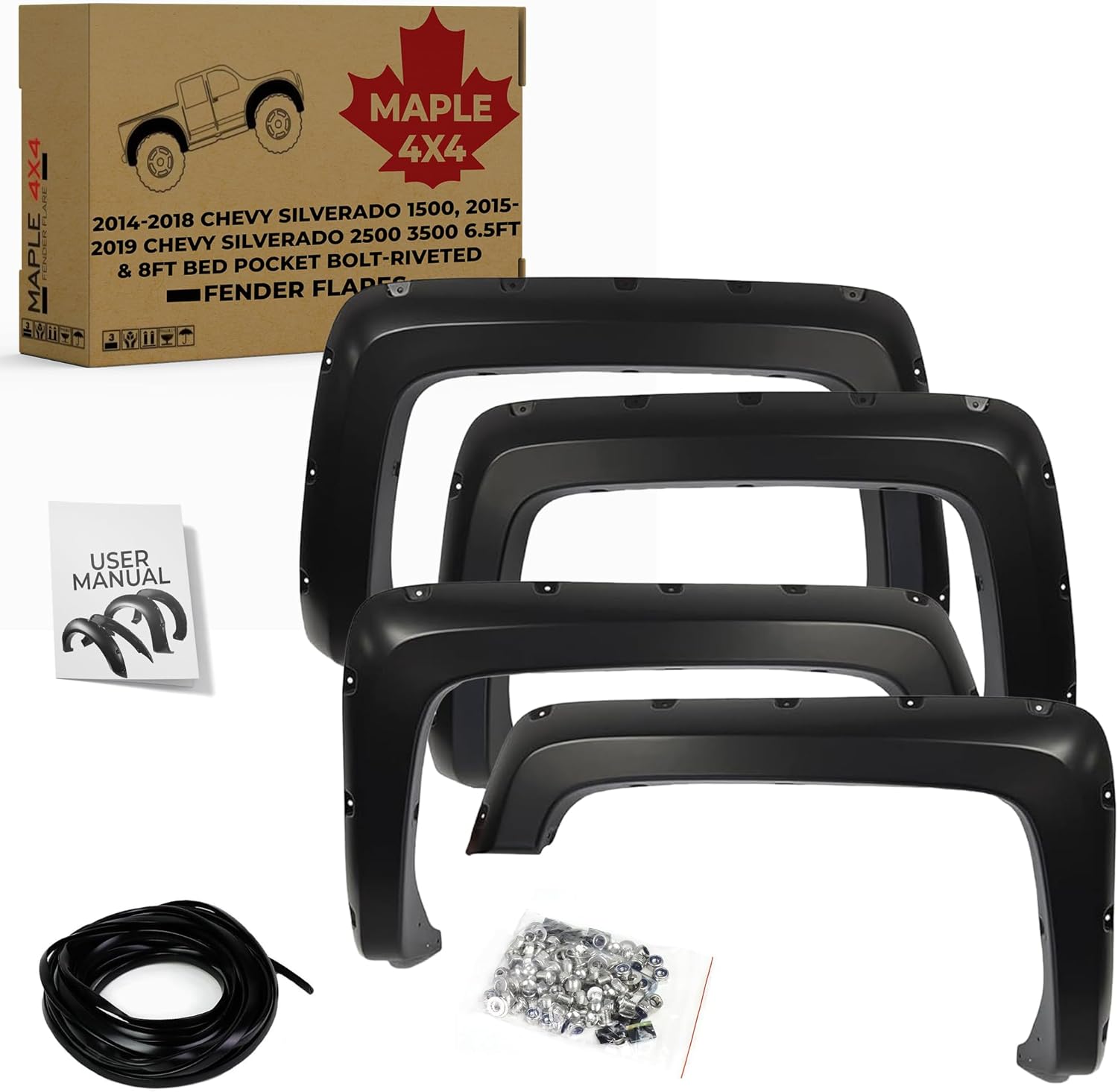 Maple4x4 2014-2018 Chevy Silverado 1500, 2015-2019 Chevy Silverado 2500 3500 6.5ft & 8ft Bed Pocket Bolt-Riveted Fender Flares (NOT FOR GMC SIERRA) - FF207