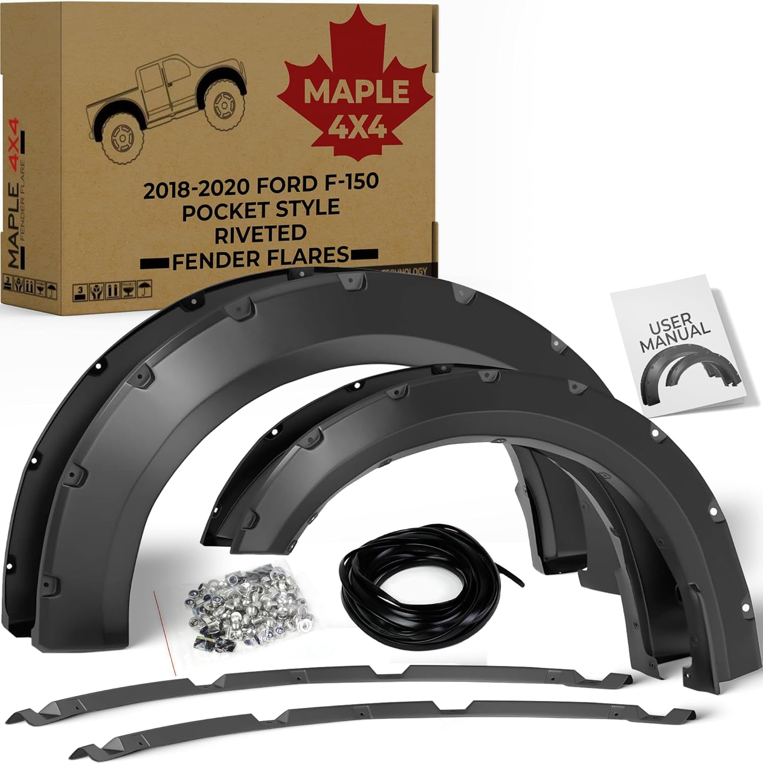 Maple4x4 Pocket Style Bolt-Riveted Fender Flares Compatible with 2018-2020 Ford F150 (Not for Models with Tech Package) | Smooth Black Paintable Set of 4