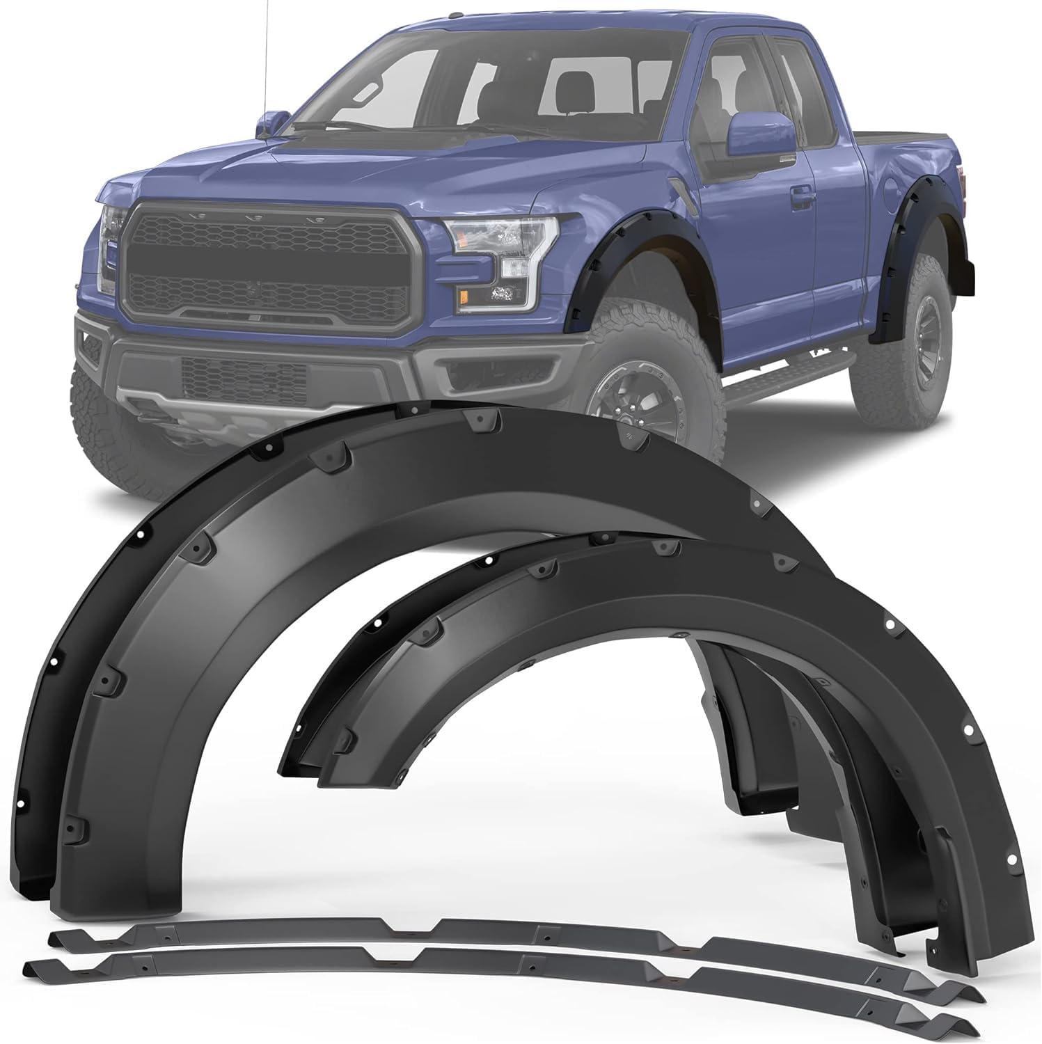Maple4x4 Pocket Style Bolt-Riveted Fender Flares Compatible with 2018-2020 Ford F150 (Not for Models with Tech Package) | Smooth Black Paintable Set of 4