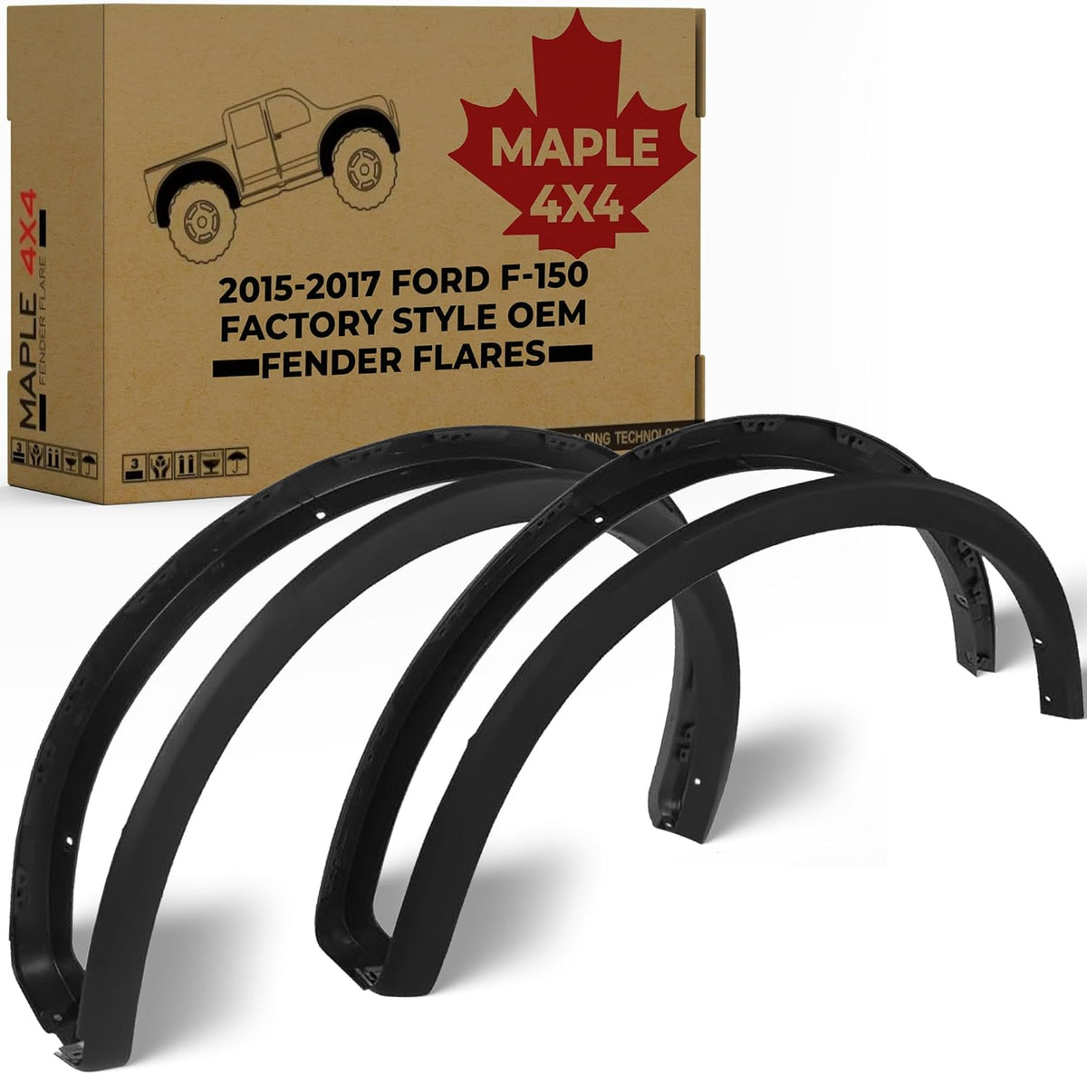 Maple4x4 OE Replacement Fender Flares Compatible with 2015-2017 Ford F150 (Excluding Platinum & Raptor) | Smooth Black, Set of 4 - OE107