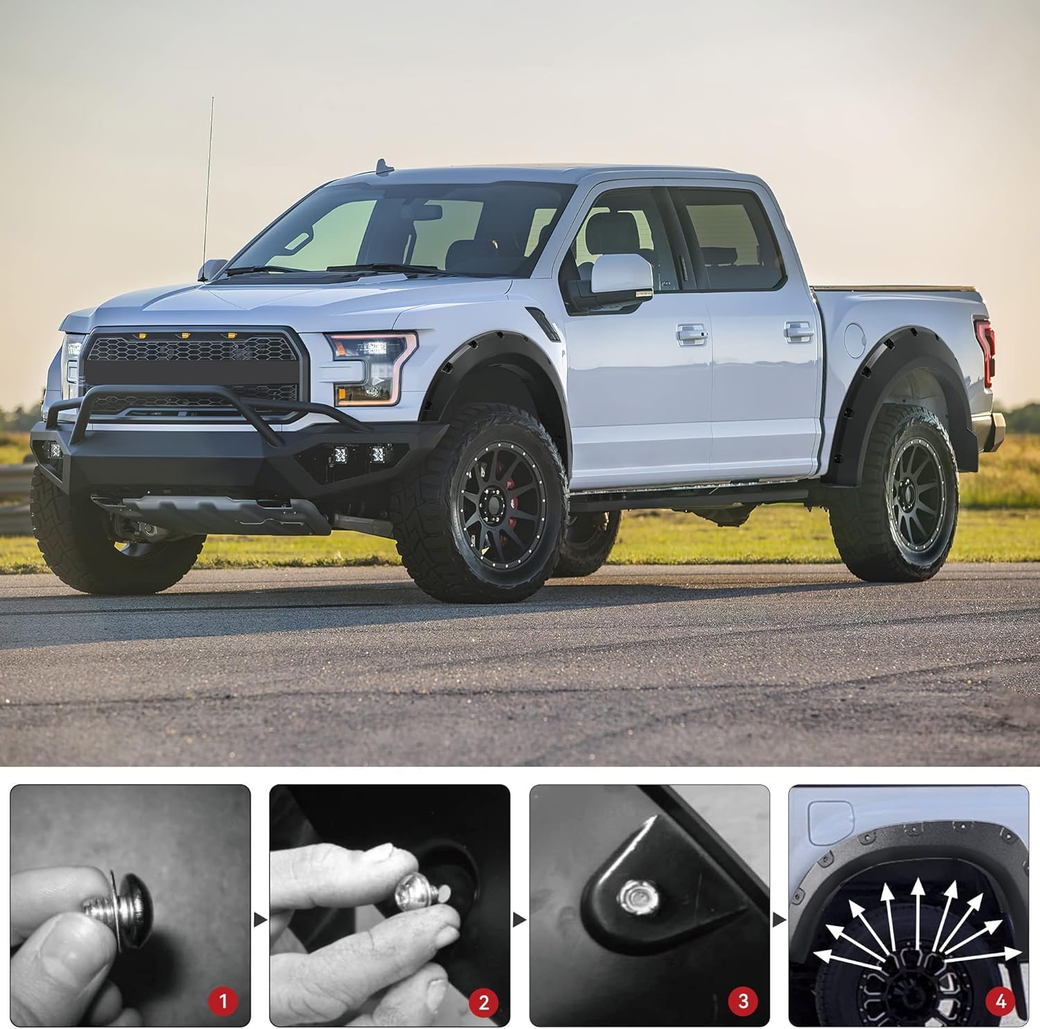 Maple4x4 Pocket Style Bolt-Riveted Fender Flares Compatible with 2018-2020 Ford F150 (Not for Models with Tech Package) | Smooth Black Paintable Set of 4