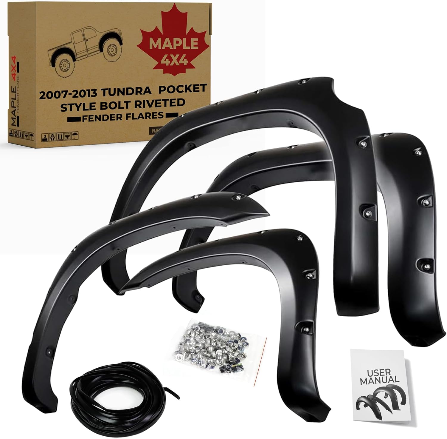 Maple4x4 2007-2013 Compatible with Toyota Tundra Fender Flares Pocket Style Bolt Riveted | Smooth Black Paintable Set of 4 - FF402