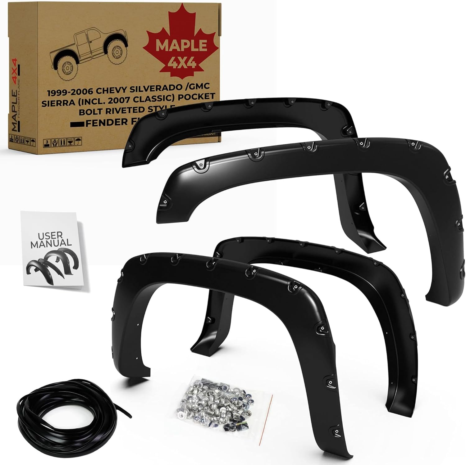 Maple4x4 1999-2006 Compatible with Chevy Silverado/GMC Sierra 1500 2500 3500 Pocket Bolt-Riveted Fender Flares | Smooth Matte Black Paintable Set of 4 - FF202